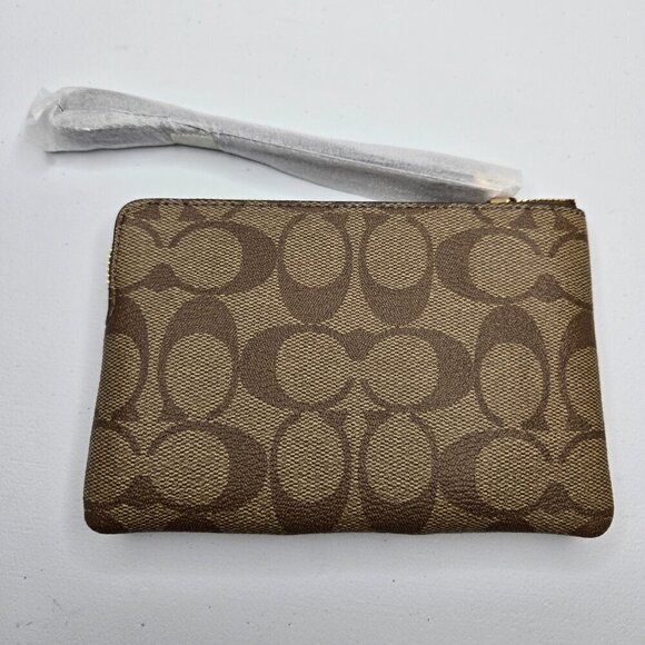 Coach Corner Zip Leather Wristlet Signature Canvas Gold Zipper Khaki Black - Picture 4 of 5